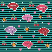 Vector lip pattern on a black-striped background. Wallpaper, fabric design, packaging, textile design template.