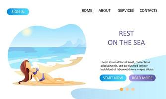 Website design with a woman lying on the seashore. vector