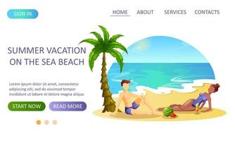 Website design with a man and a woman resting on the seashore. vector