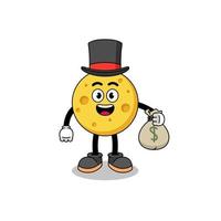 round cheese mascot illustration rich man holding a money sack vector