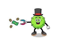 ilustración de personaje de virus atrapando dinero con un imán vector