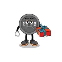 barbell plate mascot illustration giving a gift vector