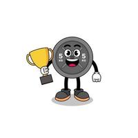 Cartoon mascot of barbell plate holding a trophy vector