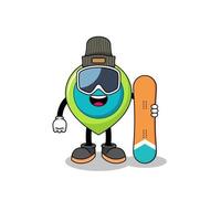 caricatura de mascota del símbolo de ubicación jugador de snowboard vector