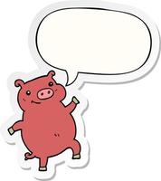 cartoon dancing pig and speech bubble sticker vector