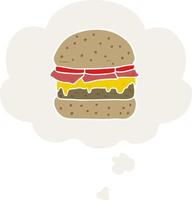 cartoon burger and thought bubble in retro style vector