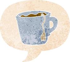 caricatura, taza caliente, de, té, y, discurso, burbuja, en, retro, textura, estilo vector