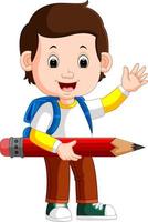 boy holding big pencil vector