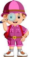 cute hiker boy holding magnifier vector