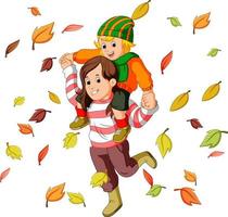 Happy family together on autumn playing with leaves vector