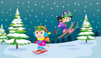 In the winter, kids play in the snow very joyfully vector