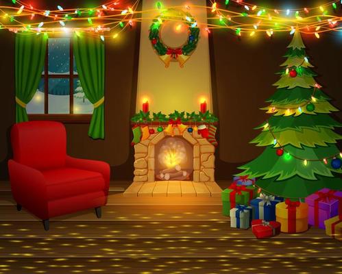 Christmas fireplace with xmas tree, presents and armchair