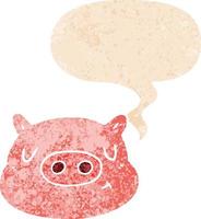 cartoon pig face and speech bubble in retro textured style vector