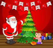 santa claus con árbol de navidad y niño lindo vector