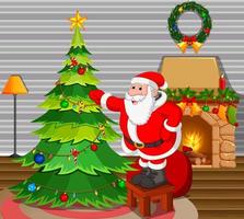 santa claus with christmas tree in living room and fire place vector