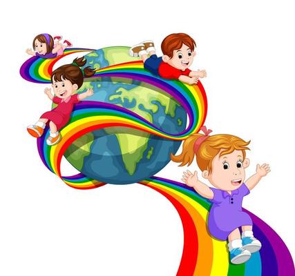 kids sliding on rainbow in sky