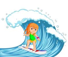 young woman surfing with big wave vector