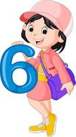 lindo niño sosteniendo un globo con el número seis vector