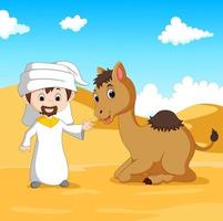 Illustration of Arab boy and a camel in the desert vector