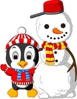 lindo pingüino y muñeco de nieve vector