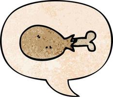 cartoon cooked chicken leg and speech bubble in retro texture style vector