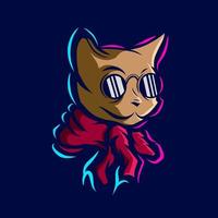 logotipo de arte divertido gato. colorido diseño de mascotas animales con fondo oscuro. ilustración vectorial abstracta. aislado con fondo azul marino para camiseta, afiche, ropa, mercadería, ropa. vector