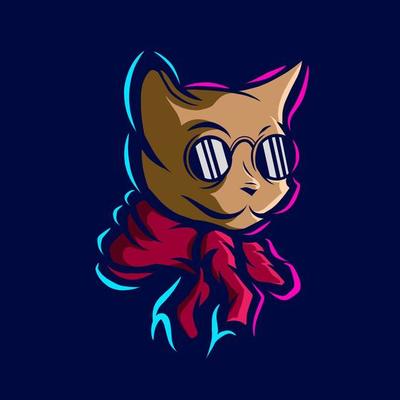 Cat funny art logo. Colorful animal pet design with dark background. Abstract vector illustration. Isolated with navy background for t-shirt, poster, clothing, merch, apparel.