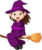 Cartoon little witch flying use a broomstick vector