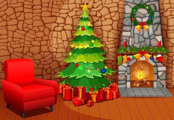 Christmas fireplace with xmas tree, presents and armchair