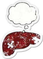 cartoon unhealthy liver and thought bubble as a distressed worn sticker vector