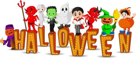 Cute kids wearing halloween costumes vector