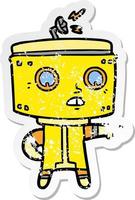 distressed sticker of a cartoon robot accusing vector