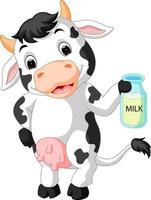Cow holding milk bottle vector