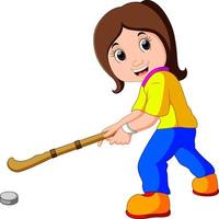 divertido, niña, caricatura, juego, hockey vector