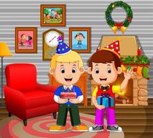 cute kids in the living room during christmas vector