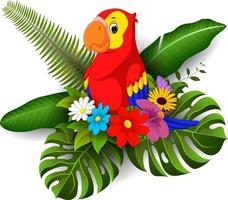 Cartoon parrot with tropical flower and leave background vector