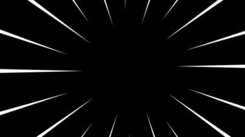 animation d'arrière-plan de la ligne de vitesse anime sur fond noir. les lignes de vitesse radiales de la lumière comique se déplacent. lignes de vitesse pour superposition d'action flash video