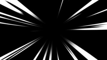 anime speed line bakgrundsanimation på svart. radiella komiska ljushastighetslinjer som rör sig. hastighetslinjer för blixtverkansöverlägg video
