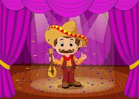 mexican man with sombrero and guitar on stage vector