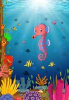 Cartoon tropical sea horse with beautiful underwater world vector