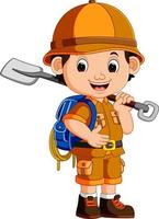 cute hiker boy holding shovel vector