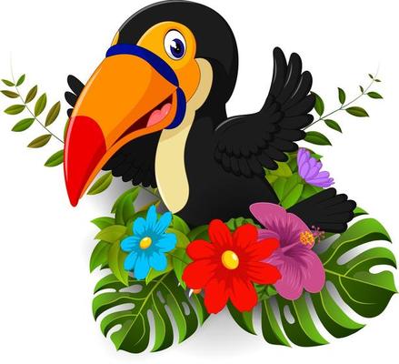 Cartoon toucan with tropical flower and leave background