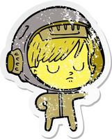 distressed sticker of a cartoon astronaut woman vector