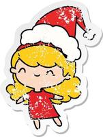 christmas distressed sticker cartoon of kawaii girl vector