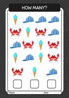 How many counting game with summer icon. worksheet for preschool kids, kids activity sheet vector