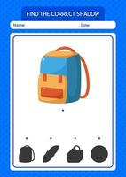 Find the correct shadows game with backpack. worksheet for preschool kids, kids activity sheet vector