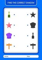 Find the correct shadows game with summer icon. worksheet for preschool kids, kids activity sheet vector