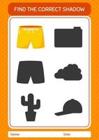 Find the correct shadows game with beach short. worksheet for preschool kids, kids activity sheet vector