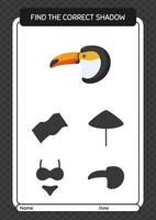 Find the correct shadows game with toucan. worksheet for preschool kids, kids activity sheet vector