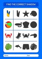 Find the correct shadows game with summer icon. worksheet for preschool kids, kids activity sheet vector